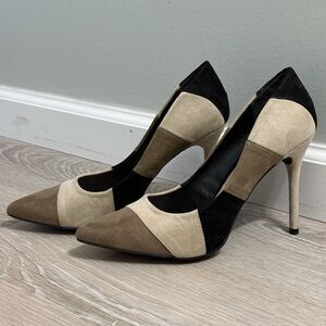 JustFab Faux Suede High Heel Womens 10 Tan Black Patchwork Stiletto Pumps Y2K